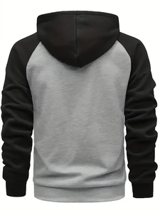 Detail of color-block hooded sweatshirt with ribbed cuffs and hem on the back view
