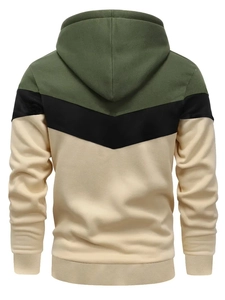 Rear view of men's color-block hoodie with olive green and beige panels and ribbed cuffs