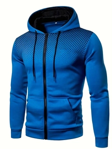 Detail of royal blue hoodie featuring black gradient dot print and zip closure