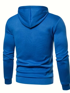 Rear view of cobalt blue hooded sweatshirt with ribbed cuffs and hem detail