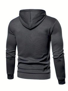 Rear view of a men's loose fit hooded sweatshirt in dark grey with ribbed cuffs