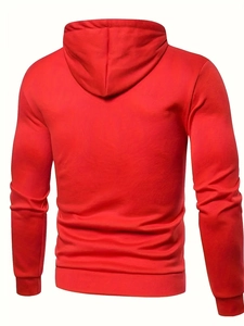 Rear view of a solid red hooded sweatshirt featuring ribbed cuffs and smooth knit fabric