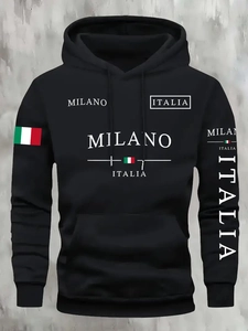 Detail of black hoodie featuring Milano Italia printing and Italian flag on sleeves