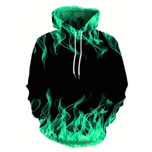 Men's street style black hoodie featuring vibrant 3D green flame prints and white drawstrings