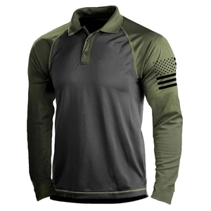 Men Long Sleeve Polo Shirt Tactical Casual Color Block Patriotic American Flag 1776 Print Raglan Sleeve Outdoor Top