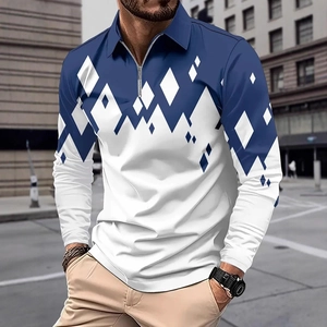 Men's Fashion Geometric Color Block Polo Shirt Zip Lapel Long Sleeve Casual Polyester Top Autumn Urban Style Men Clothing