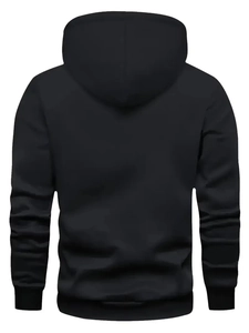 Back view of minimalist black men's hoodie with premium ribbed cuffs and hem