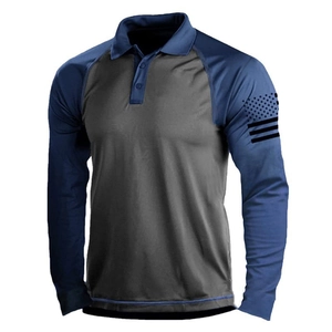 Men's raglan sleeve polo shirt in navy and grey with 3D graphic print on sleeve