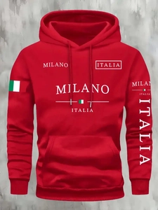Close-up of red MILANO hoodie with Italian flag details and kangaroo pocket