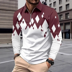 Men's casual long sleeve polo shirt with red and white geometric diamond pattern zip lapel