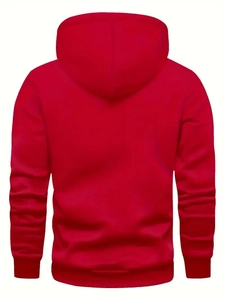 Rear view of a premium red hooded sweatshirt with ribbed cuffs and hem for men