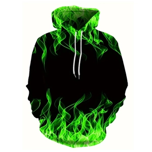 Detailed close-up of vibrant green flame print on black hoodie with white drawstring