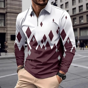 Men's stylish polo shirt with color-block gradient and geometric diamond pattern