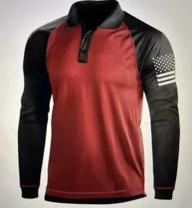 Detail view of long sleeve polo shirt with raglan sleeves and white star pattern print