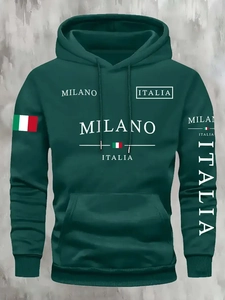 Detail of dark green hoodie featuring white Milano Italia prints and Italian flag colors