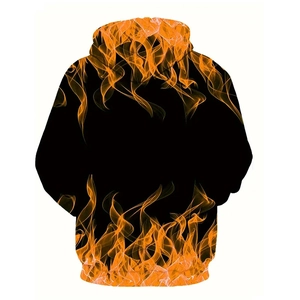 Detail view of the cool orange flame print on the back of a black streetwear hoodie