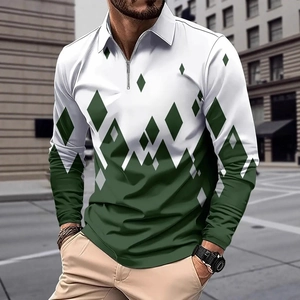 Men's casual long sleeve polo shirt with green color block and diamond patterns