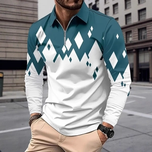 Detail of men's polo shirt with metal half-zipper and geometric diamond pattern