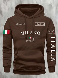 Detail of coffee brown hoodie featuring MILANO ITALIA print and front pocket design