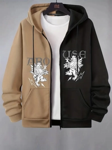 Detail of color-blocked hoodie zipper and lion crown totem print in black and khaki