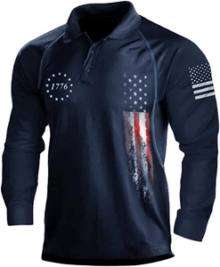 Detail of navy blue polo shirt with 1776 star print and American flag design on sleeve