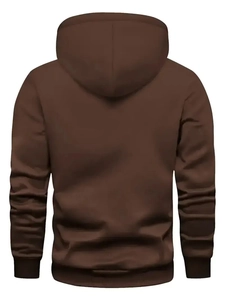 Back view of classic dark brown hooded sweatshirt with ribbed hem and cuffs