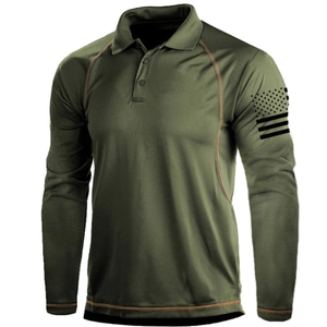 Detail of army green tactical polo shirt showing collar button and sleeve flag patch