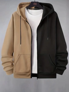 Detailed front view of men's two-tone color block hoodie with zipper and drawstring