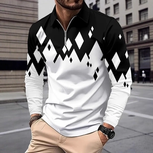 Detailed close-up of a men's color-block polo shirt featuring geometric patterns and zipper