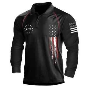 Detail of 1776 graphic and American flag print on a black long sleeve polo shirt