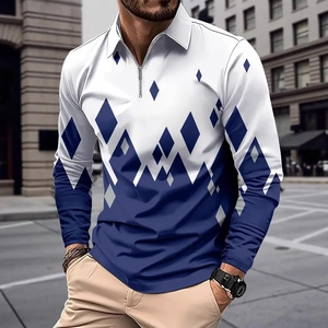 Detail of men's polo shirt featuring a stylish half-zipper and geometric diamond print