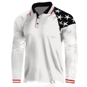 Macro detail of polo collar with color blocking, star print and button placket
