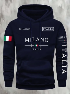 Detail of navy blue hoodie with Milano Italia print and Italian flag on textured wall