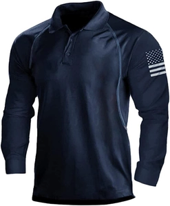 Detail of navy blue polo shirt with US flag print on sleeve and ribbed cuff design