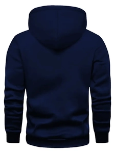 Macro detail of navy blue hooded sweatshirt back view with ribbed cuffs and hem