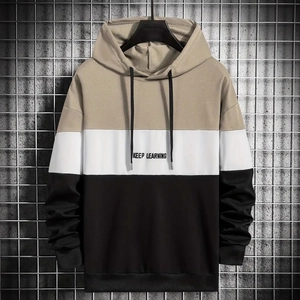 Men's Pullover Hooded Sweatshirt Color-Block Splicing Letter Print Long Sleeve Hoodie Sporty Casual Loose Fit Autumn Top