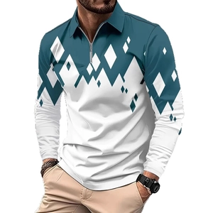 Men's casual long sleeve polo shirt with teal geometric pattern and half-zipper collar
