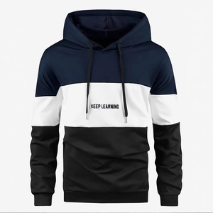 Tricolor colorblock hoodie for men with Keep Learning print and drawstring hood