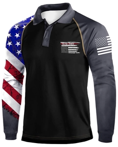 Detail view of American flag patterns and We the People text on black polo shirt