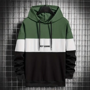 Men's color block hoodie featuring olive, white and black panels with KEEP LEARNING text