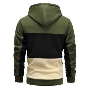 Men's tricolor patchwork hooded sweatshirt in green black and beige back view
