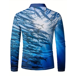 Men's long sleeve polo shirt featuring 3D deep sea fish print design on the back
