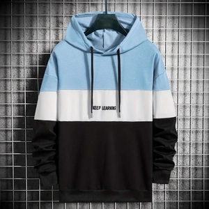 Men's color block hoodie in blue white and black with KEEP LEARNING print and drawstring