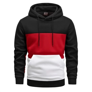 Men's loose hooded sweatshirt featuring black, red, and white color block design