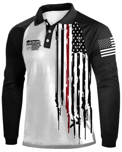 Detail of the 3-button collar and 3D print on the color-block long sleeve polo shirt
