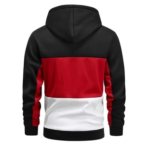 Men's casual drawstring hoodie in tricolor black red and white patchwork design