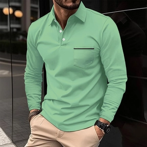 Detail of light green men's long sleeve polo shirt with chest pocket and modern collar
