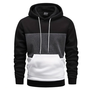 Men's casual loose drawstring hoodie with black, grey, and white color block design