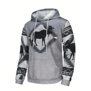 Plus size men's grey hoodie featuring Southwest tribal patterns and a black moose silhouette