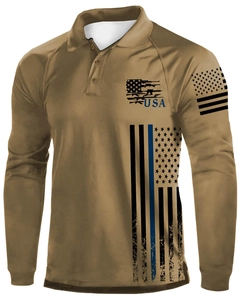 Detail of USA rifle flag print and thin blue line on khaki long sleeve polo shirt